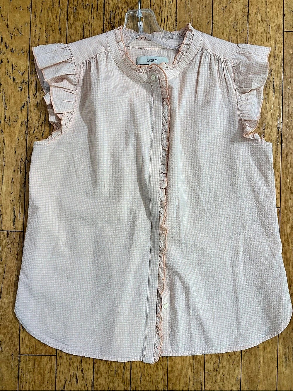 LOFT Gingham Ruffle Sleeve Top in Pink & White Size Medium